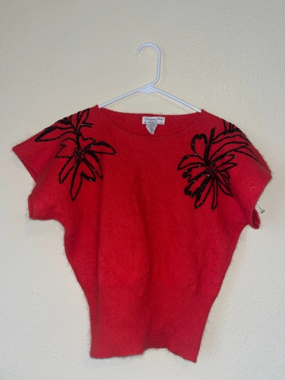 Dior Red Short-Sleeve Crewneck Sweater with Black Floral Beading